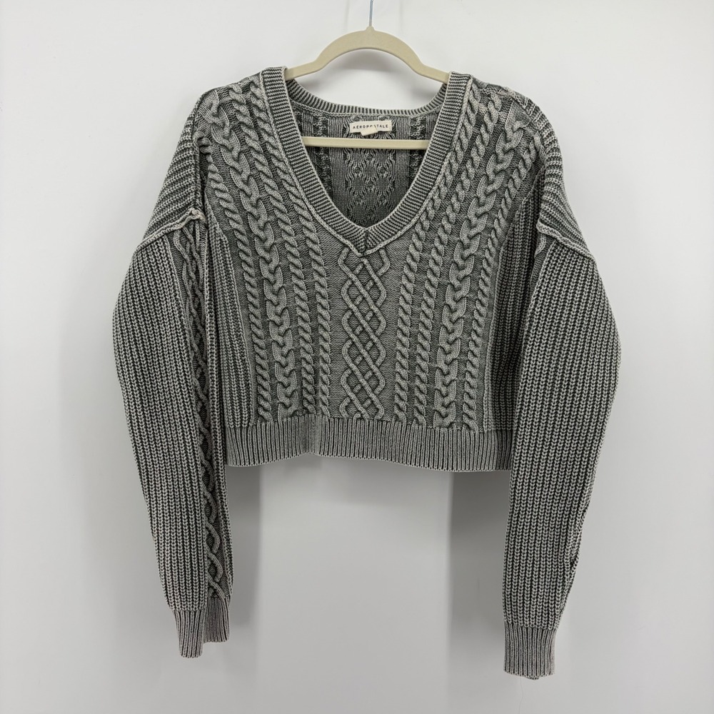 Aeropostale Sweater Green Grey Womens L Cropped Cable Knit V-Neck Chunky Boxy